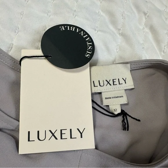 LUXELY By Maggy London Dove Gray Blouson Crew Neck Short Sleeve  Bodice THEO- - Picture 11 of 16